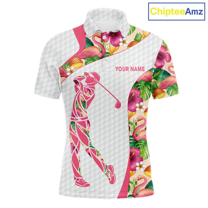 Colorful Tropical Pattern Mens Golf Polo Shirt Custom Name White Golf Shirt, Golf Gifts NBT499