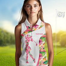 Load image into Gallery viewer, Colorful Tropical Pattern Womens Sleeveless Golf Polo Shirt Custom Name White Golf Shirt, Golf Gifts NBT499