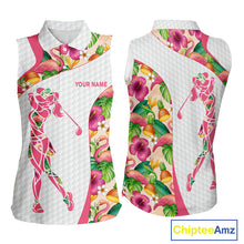 Load image into Gallery viewer, Colorful Tropical Pattern Womens Sleeveless Golf Polo Shirt Custom Name White Golf Shirt, Golf Gifts NBT499