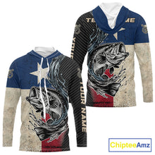 Load image into Gallery viewer, Front and back view of Custom Texas Flag Bass Fishing Shirt Texas Bass Long Sleeve Hooded Shirt, UPF 30+ long sleeve fishing shirt with Texas flag and bass graphic