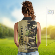 Load image into Gallery viewer, Funny Skull Womens Sleeveless Golf Polo Shirts Green Camo Pattern Custom Name Skull Playing Golf Apparel NBT625