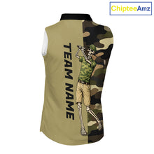 Load image into Gallery viewer, Funny Skull Womens Sleeveless Golf Polo Shirts Green Camo Pattern Custom Name Skull Playing Golf Apparel NBT625