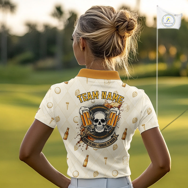 woman model in custom name Born To Golf Forced To Work womens golf polo shirt