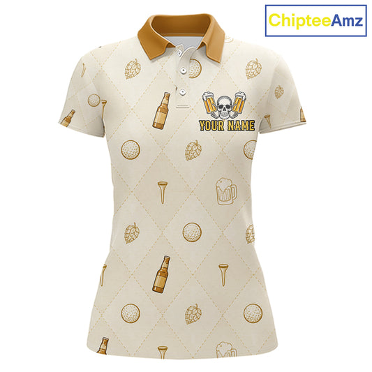 front view of Born To Golf Forced To Work mens golf polo with beer argyle pattern