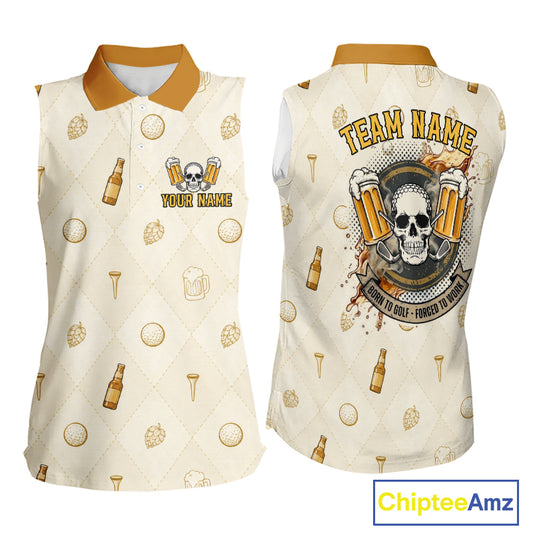 back view of Born To Golf Forced To Work beer pattern golf polo shirt