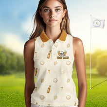 Load image into Gallery viewer, female golfer wearing womens Born To Golf Forced To Work sleeveless polo shirt with beer argyle pattern