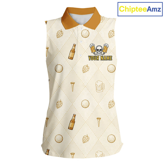 front view of Born To Golf Forced To Work womens sleeveless golf polo with beer argyle pattern