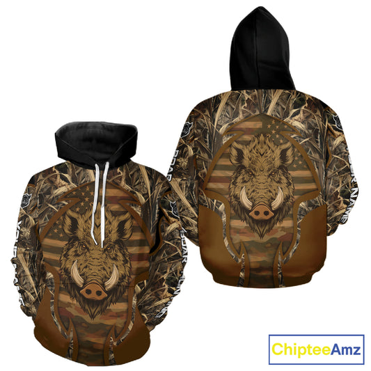 Personalized Wild Boar Hunting Brown Camo US Flag Printed Shirts, Hunting Gifts NBT235