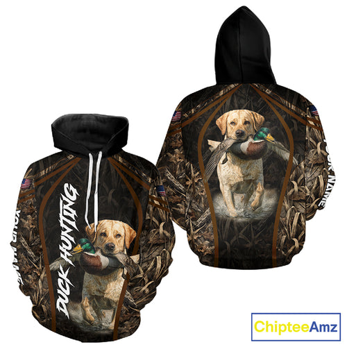 Waterfowl Duck Hunting Yellow Labrador Retriever Camo US Flag 3D Shirts, Duck Hunting Gifts NBT239