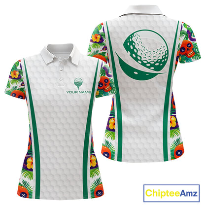 Funny Golf Skull Tropical Pattern Golf Polo Shirt Custom Name Golf Shirts For Womens NBT519