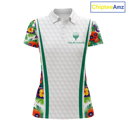Funny Golf Skull Tropical Pattern Golf Polo Shirt Custom Name Golf Shirts For Womens NBT519