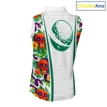 Load image into Gallery viewer, Funny Sleeveless Golf Skull Tropical Pattern Golf Polo Shirt Custom Name Golf Shirts For Womens NBT519