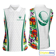 Load image into Gallery viewer, Funny Sleeveless Golf Skull Tropical Pattern Golf Polo Shirt Custom Name Golf Shirts For Womens NBT519