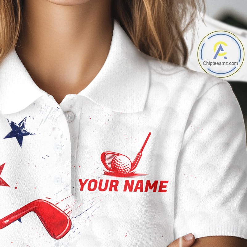 White polo shirt with red and blue graphics and 'Your Name' text