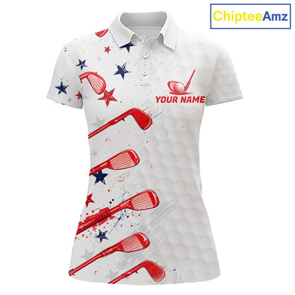White polo shirt with red and blue golf design on a white background