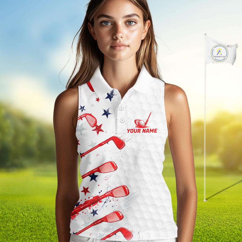 Woman wearing a white sleeveless shirt with red and blue designs on a golf course background