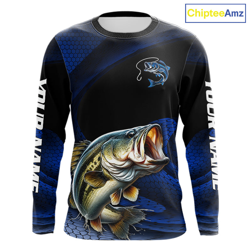 Front view of Custom Blue Camo Bass Fishing Shirt Long Sleeve with Personalized Name on Sleeves 