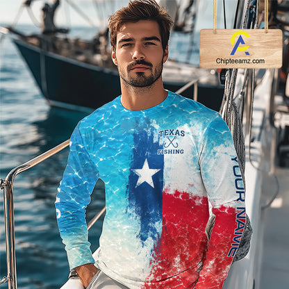Texas Bass Fishing Texas Flag, Blue Sea Wave Ocean Camo Long Sleeve Bass Fishing Shirt  NBT866