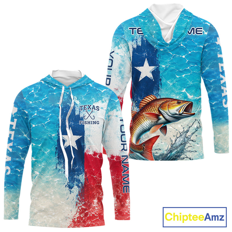 Front and back view of Texas Redfish Fishing ocean camo hooded shirt with Texas flag design.