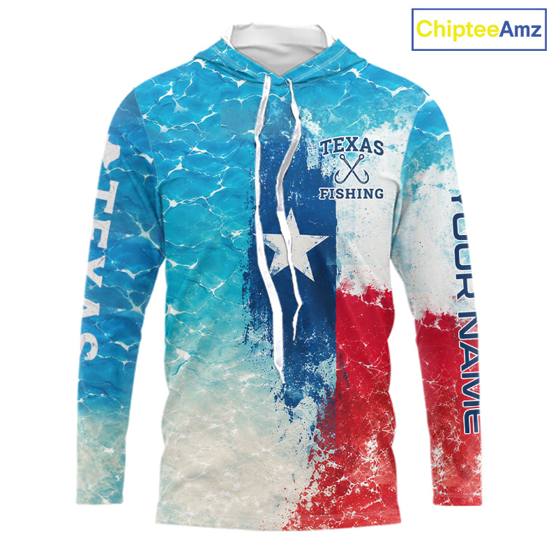 Front view of Texas Redfish Fishing ocean camo hooded shirt with Texas flag design