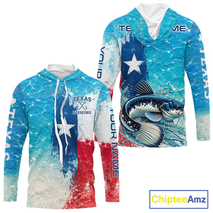 Front and back view of Texas Catfish Fishing ocean camo hooded shirt with Texas flag design