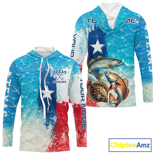 Front and back view of Texas Slam Fishing ocean camo hooded shirt with Texas flag design