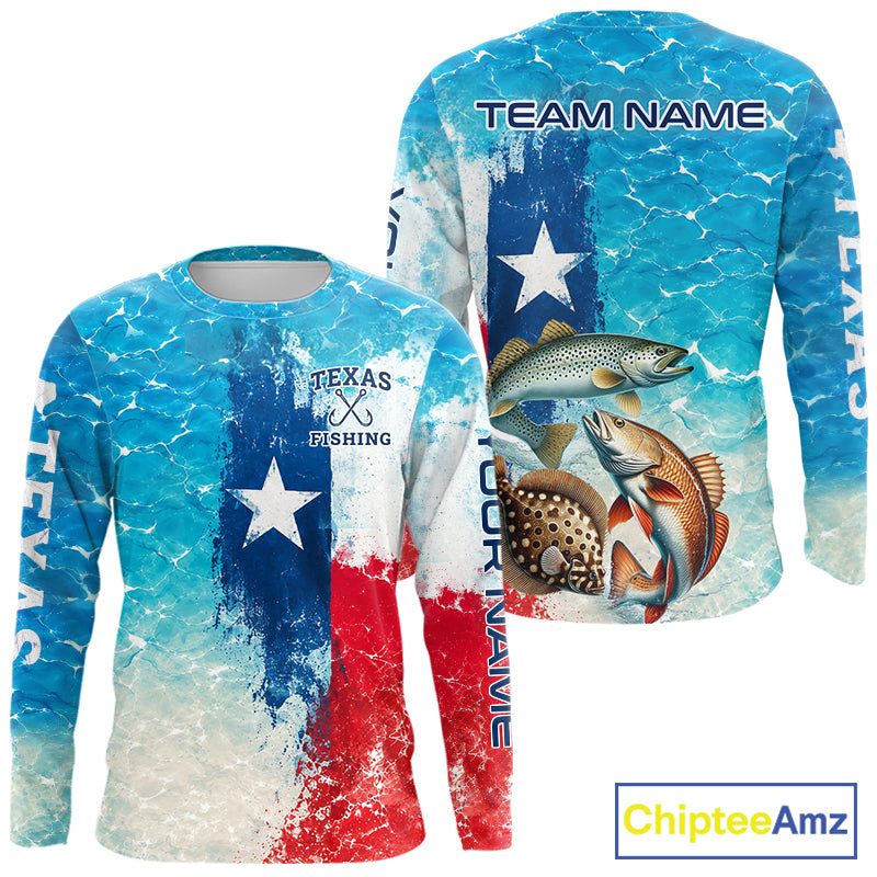 Texas Slam Fishing Texas Flag, Blue Sea Wave Ocean Camo Texas Slam Long Sleeve Fishing Shirts NBT869