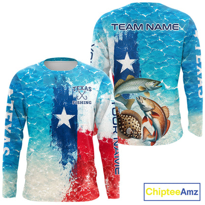 Texas Slam Fishing Texas Flag, Blue Sea Wave Ocean Camo Texas Slam Long Sleeve Fishing Shirts NBT869