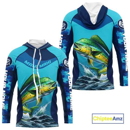 Custom Mahi Mahi Long Sleeve Hooded Fishing Shirts For Team, Saltwater Performance Fishing Shirt  NBT350