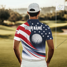 Load image into Gallery viewer, A golfer man in a golf course wearing a America 250th anniversary golf polo shirt with “Team Name” on the back.