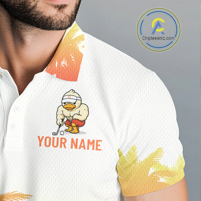 Funny Duck Golf Polo Shirt For Men, Tropical Sunset Print, Sporty Animal Golf Gift NBT803