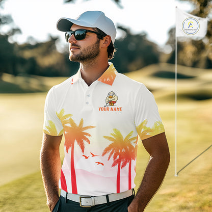Funny duck mens golf polo with tropical sunset background sporty animal design and custom name on the chest