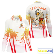 Load image into Gallery viewer, Funny Duck Golf Polo Shirt For Men, Tropical Sunset Print, Sporty Animal Golf Gift NBT803