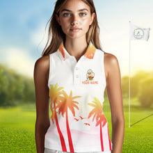 Load image into Gallery viewer, Funny duck womens sleeveless golf polo with tropical sunset background sporty animal design