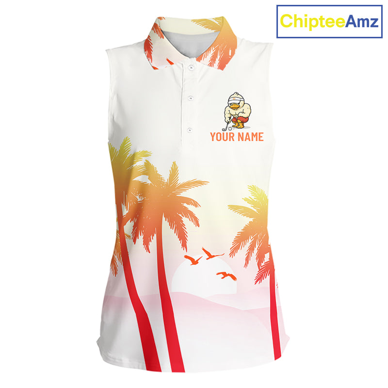 Front view of funny duck sleeveless golf polo shirt for women with tropical sunset print with custom name on the chest