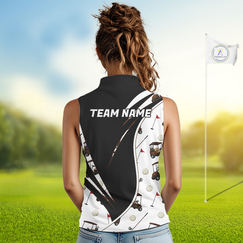 Woman wearing a Golf cart pattern womens sleeveless golf polo shirt and 'Team Name' text on the back, standing on a golf course