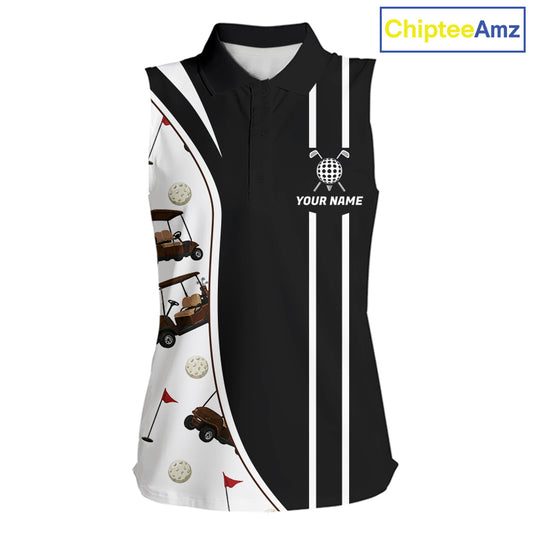 Front view of personalized sleeveless golf polo shirt for women with golf cart pattern with custom name on the chest