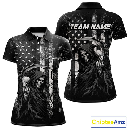 Front and back view of custom black and white American flag skull reaper womens golf polo shirt with personalized name