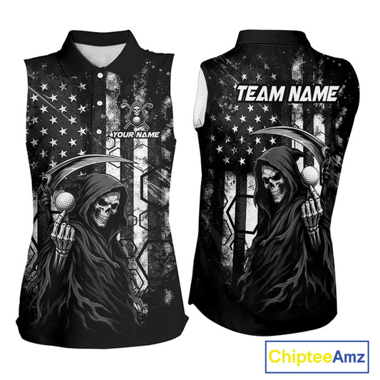 Custom Black And White American Flag Skull Reaper Womens Sleeveless Golf Polo Shirt, Team Golf Shirts NBT881