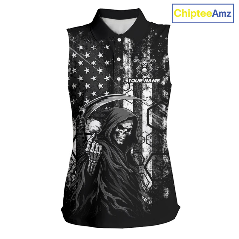 Custom Black And White American Flag Skull Reaper Womens Sleeveless Golf Polo Shirt, Team Golf Shirts NBT881