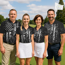 Load image into Gallery viewer, Custom Black And White American Flag Skull Reaper Mens Golf Polo Shirt, Team Golf Shirts NBT881