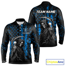 Load image into Gallery viewer, Custom Black And Blue American Flag Skull Reaper Mens Golf Polo Shirt, Team Golf Shirts NBT882