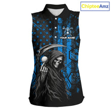 Load image into Gallery viewer, Custom Black And Blue American Flag Skull Reaper Womens Sleeveless Golf Polo Shirt, Team Golf Shirts NBT882