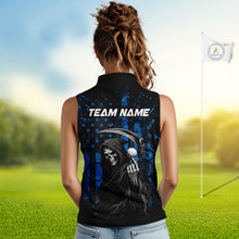 Load image into Gallery viewer, Custom Black And Blue American Flag Skull Reaper Womens Sleeveless Golf Polo Shirt, Team Golf Shirts NBT882