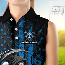 Load image into Gallery viewer, Custom Black And Blue American Flag Skull Reaper Womens Sleeveless Golf Polo Shirt, Team Golf Shirts NBT882