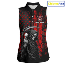 Load image into Gallery viewer, Custom Black And Red American Flag Skull Reaper Womens Sleeveless Golf Polo Shirt, Team Golf Shirts NBT883