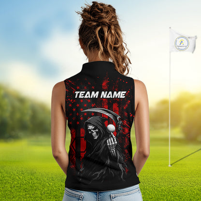 Custom Black And Red American Flag Skull Reaper Womens Sleeveless Golf Polo Shirt, Team Golf Shirts NBT883