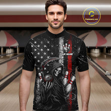 Load image into Gallery viewer, American Flag Custom Grim Reaper Bowling Quarter Zip Shirts For Men, Halloween Skull Bowling Shirt NBT884