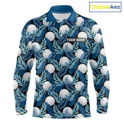 Custom Black Blue Tropical Golf Ball Pattern Mens Polo Golf Shirts, Golf Gifts For Team NBT964