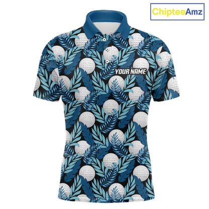 Custom Black Blue Tropical Golf Ball Pattern Mens Polo Golf Shirts, Golf Gifts For Team NBT964